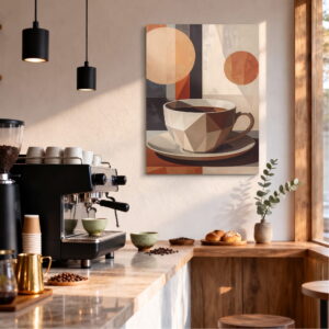 Geometric Coffee Cup Canvas Wall Art – Modern Abstract Cafe Artwork
