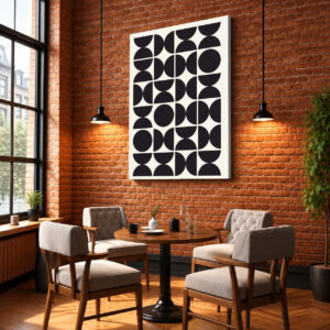 Modern Geometric Abstract Canvas Wall Art – Black & Ivory Mid-Century Design for Cafés, Restaurants & Coffee Houses