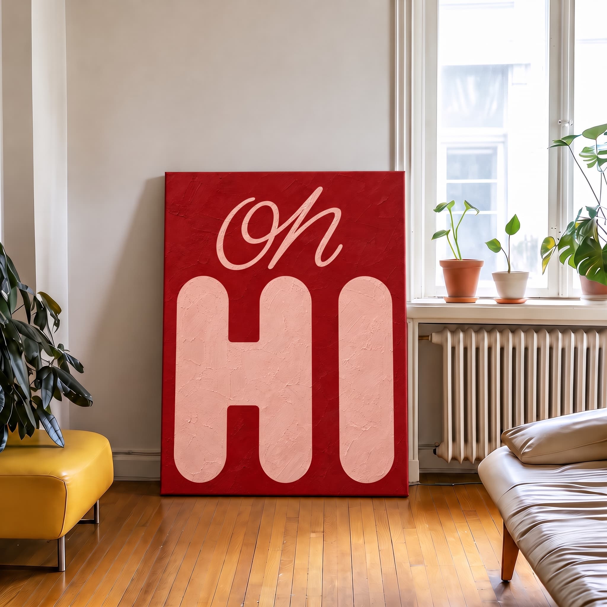 Oh Hi! – Bold Red & Blush Pink Typography Canvas Wall Art - Image 3