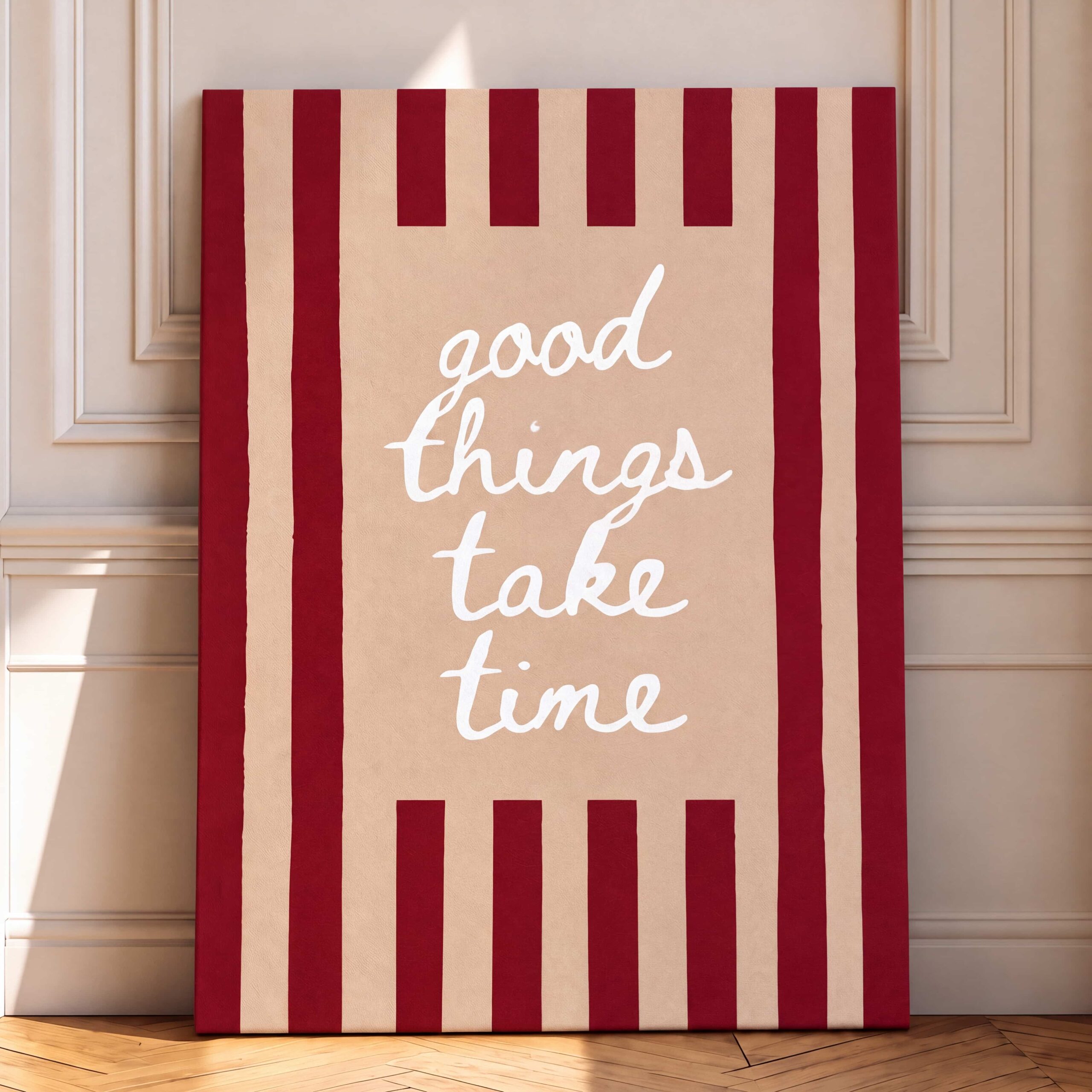 Good Things Take Time – Burgundy & Beige Striped Typography Canvas Wall Art
