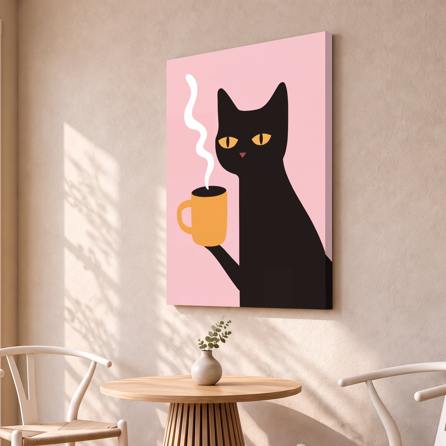 Black Cat with Coffee Mug Canvas Wall Art