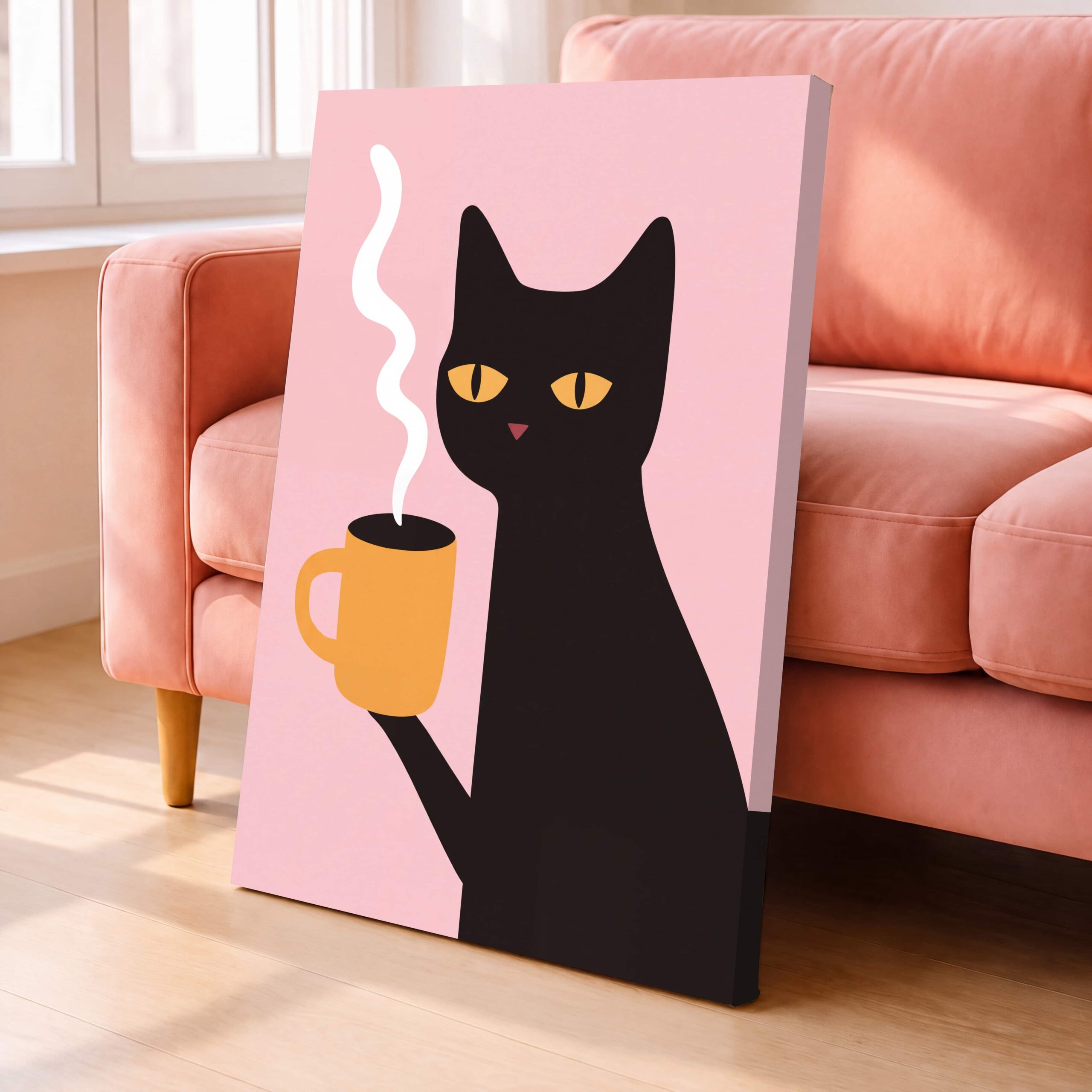 Black Cat with Coffee Mug Canvas Wall Art - Image 2