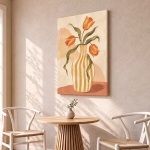Tulips in Striped Vase Canvas Wall Art
