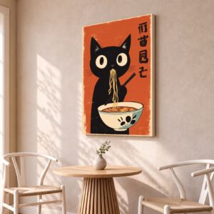 Cat Eating Noodles Canvas Wall Art