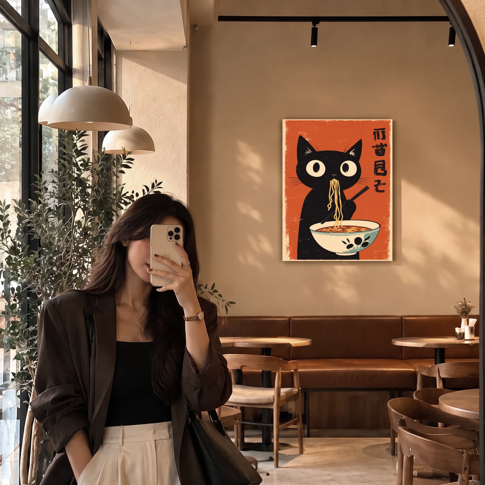 Cat Eating Noodles Canvas Wall Art - Image 2