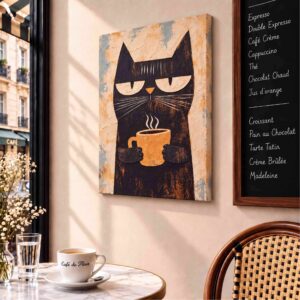Coffee Cat Illustration Canvas Wall Art