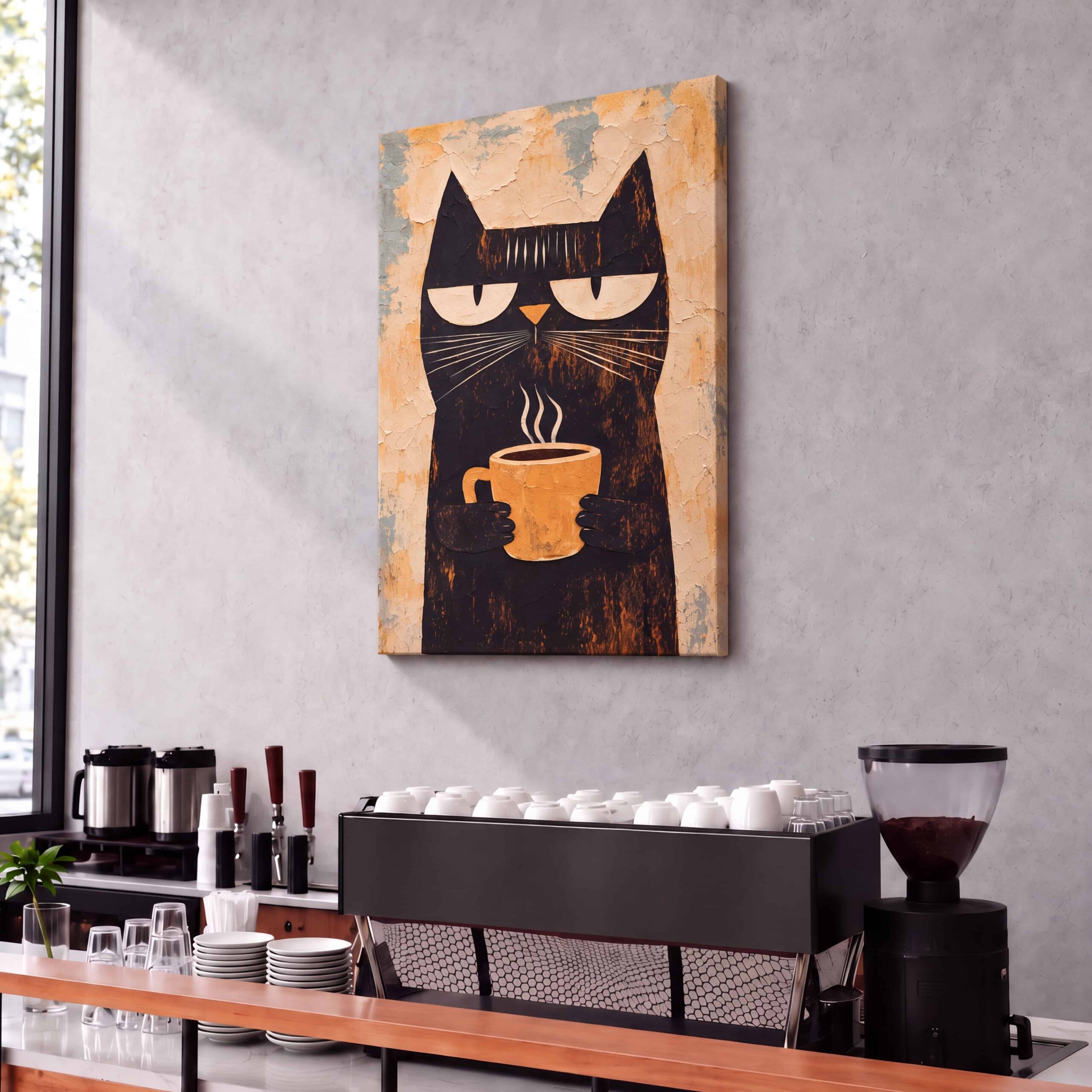 Coffee Cat Illustration Canvas Wall Art - Image 3