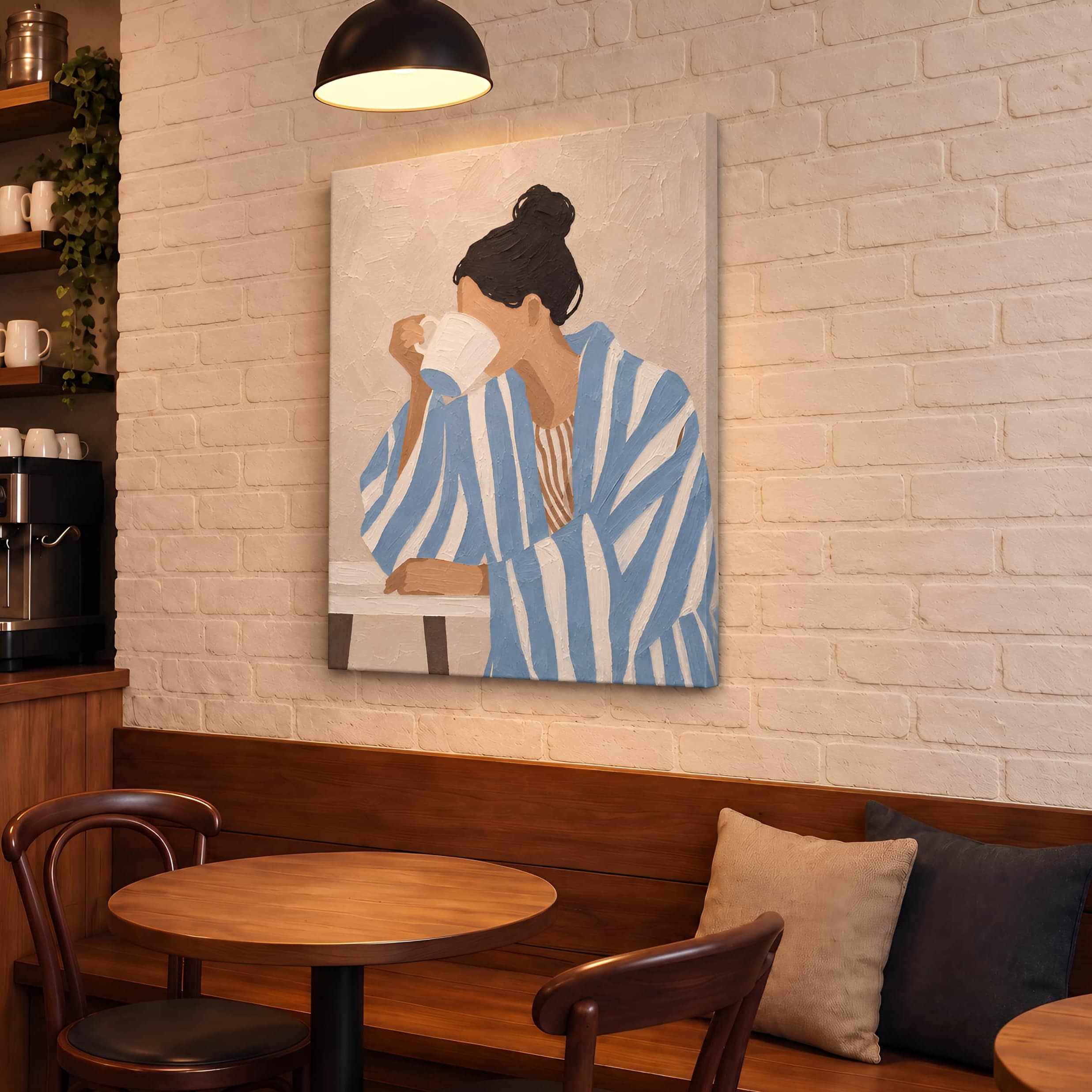 Woman in Blue Striped Shirt Illustration Canvas Wall Art - Image 2