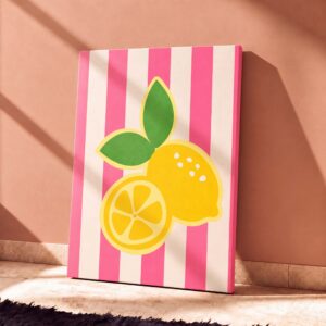 Lemon Illustration Pink Stripes Canvas Wall Art
