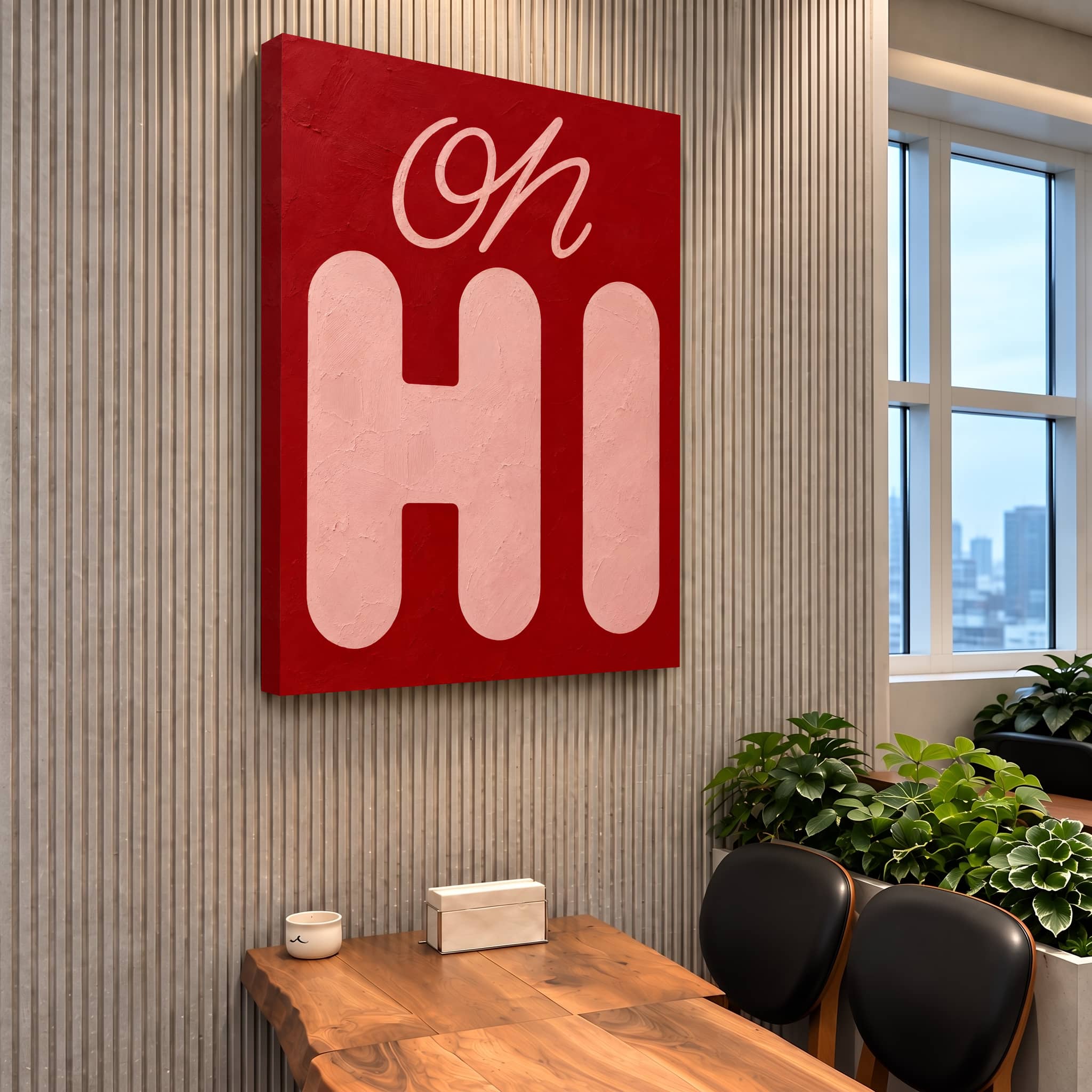 Oh Hi! – Bold Red & Blush Pink Typography Canvas Wall Art - Image 2