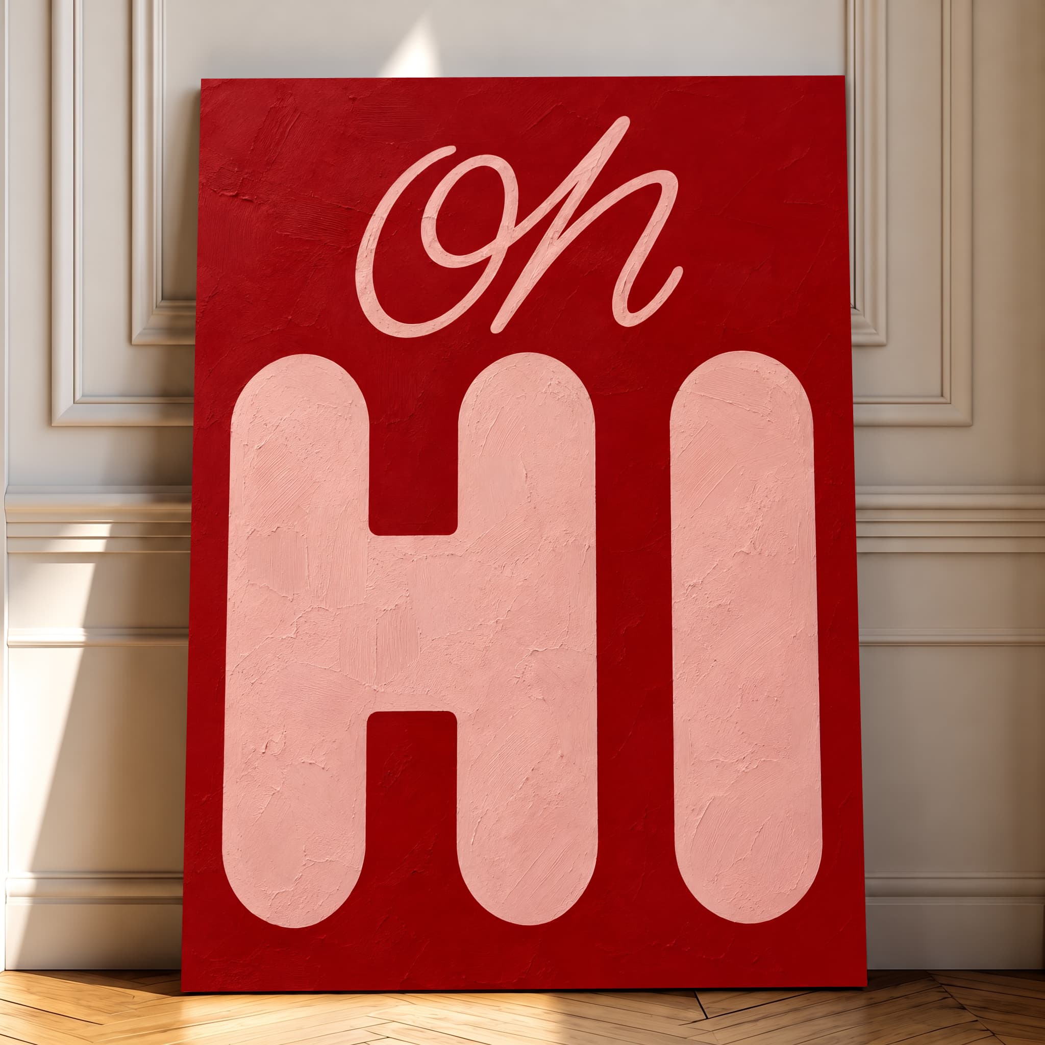 Oh Hi! – Bold Red & Blush Pink Typography Canvas Wall Art