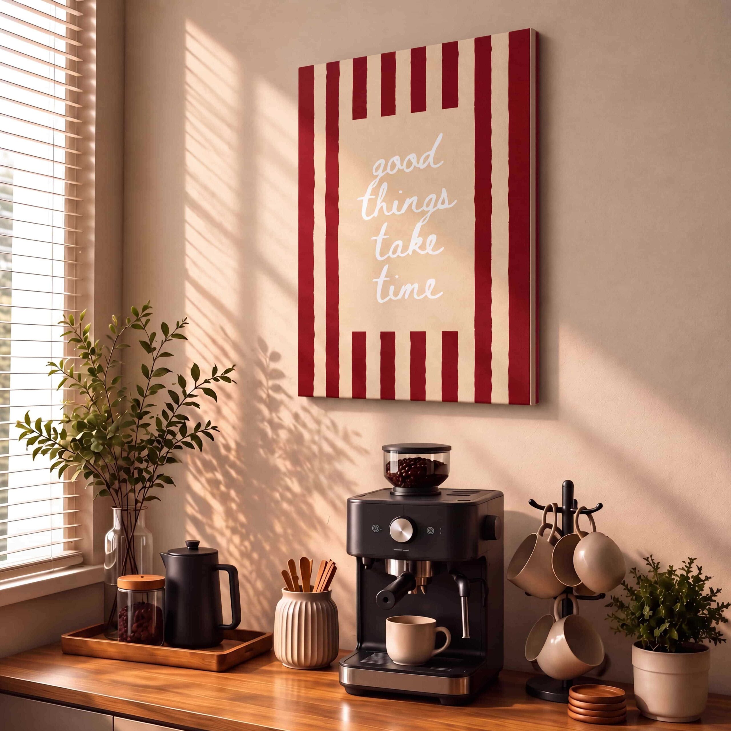 Good Things Take Time – Burgundy & Beige Striped Typography Canvas Wall Art - Image 2