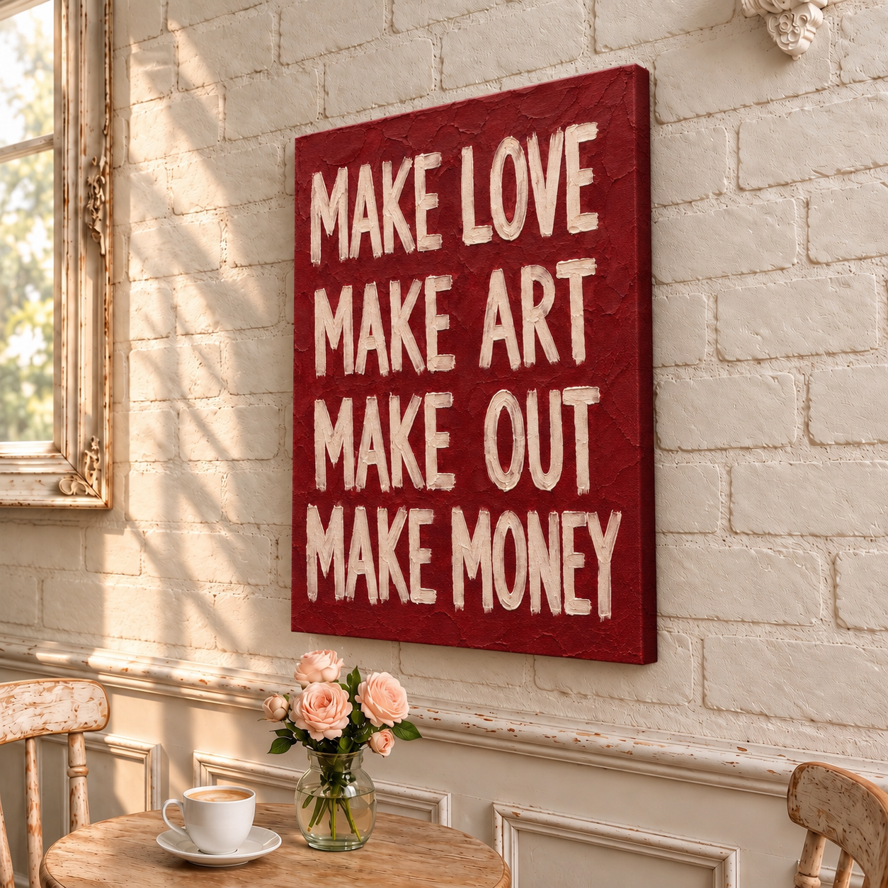 Make Love, Make Art – Bold Burgundy Typography Canvas Wall Art - Image 2