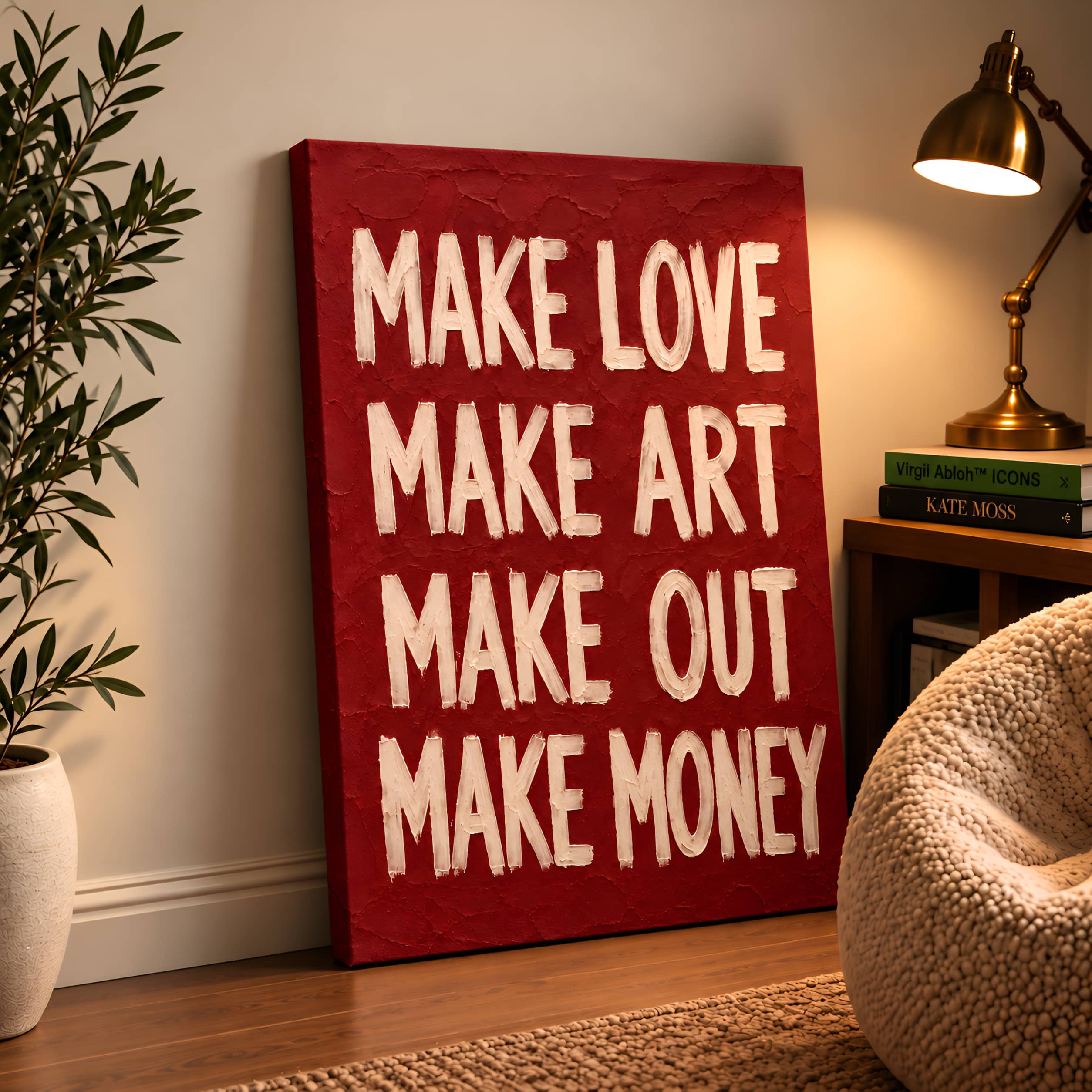 Make Love, Make Art – Bold Burgundy Typography Canvas Wall Art